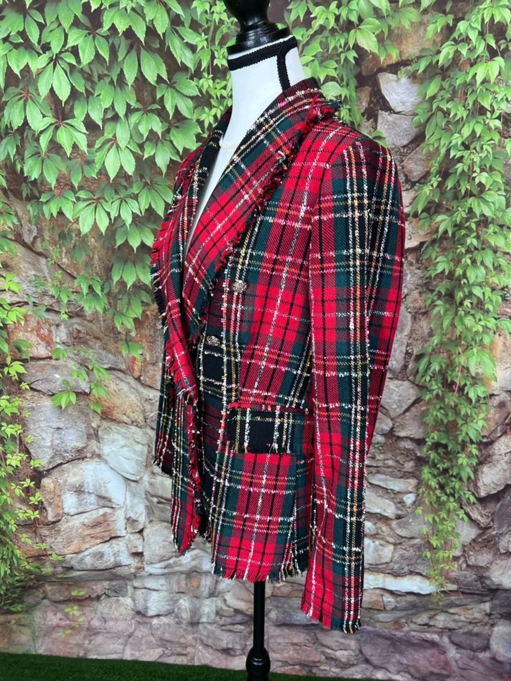 RACHEL ZOE Preppy Red Raw Hemmed Tartan Plaid Equestrian Blazer, M - Picture 7 of 16
